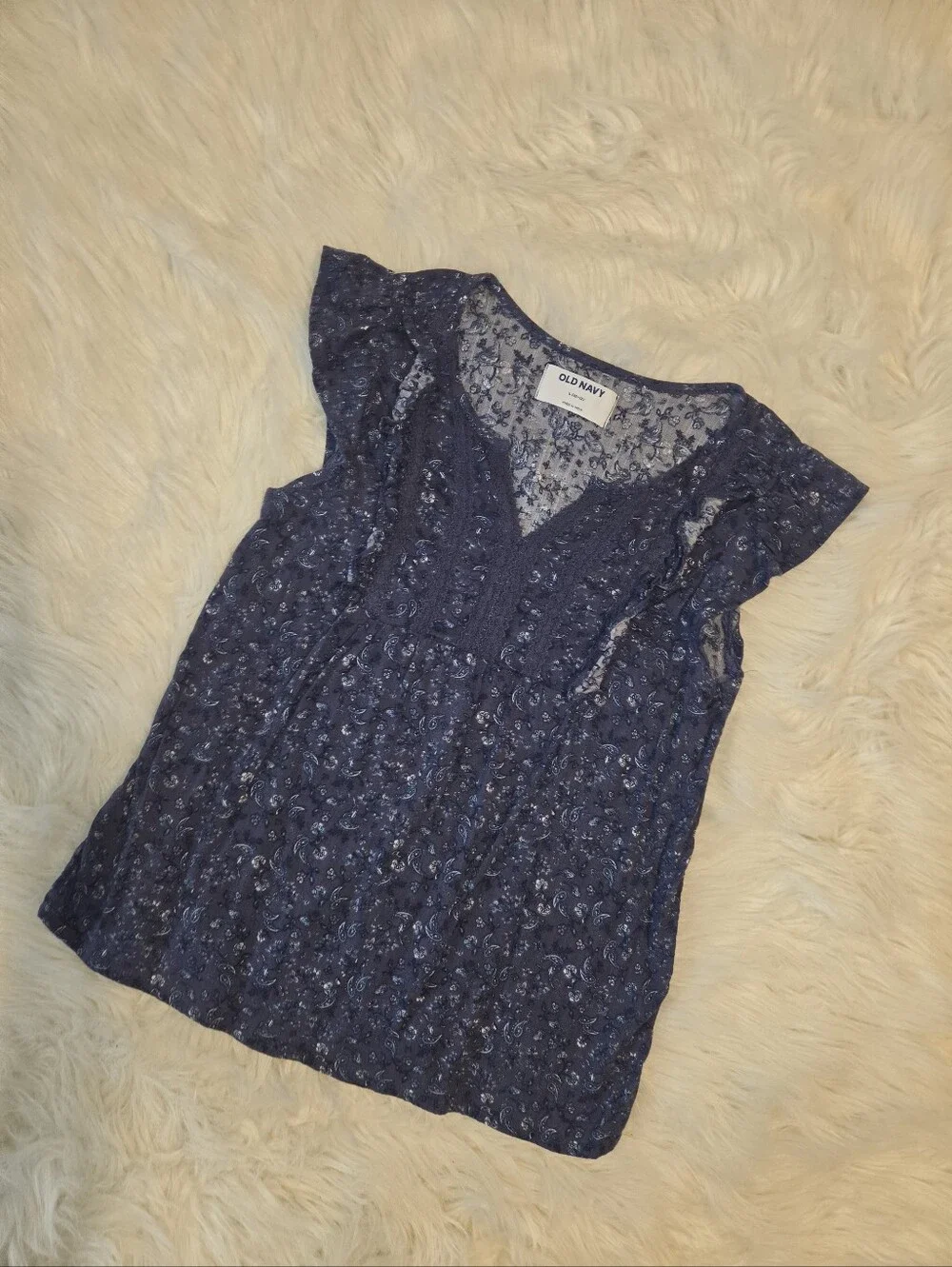 Old Navy Navy Blue Lace Cap-Sleeve Kid Girl Top (Size-Large)